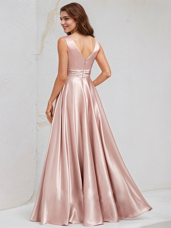 Dusty Rose Satin A-Line V-Neck Sleeveless Floor-Length Bridesmaid Dress - View 2 | FashionDia