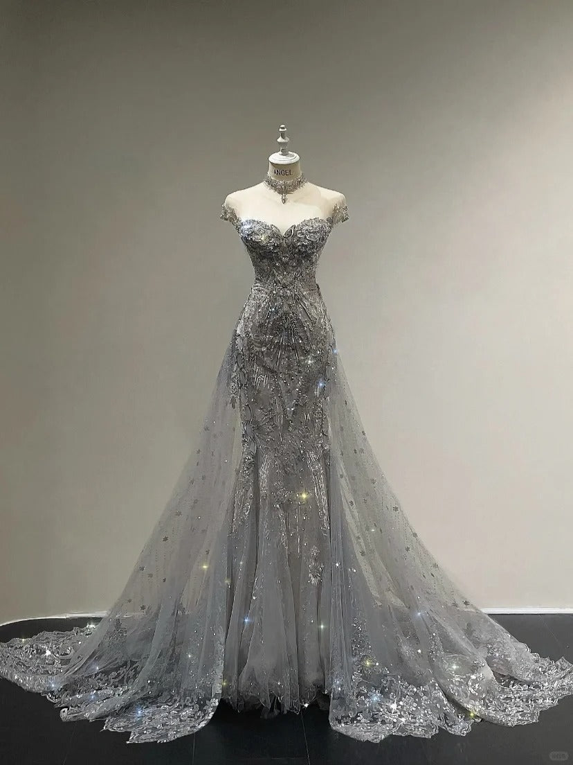 Luxurious And Sparkling Silver Mermaid Off-shoulder Beaded Train Wedding Dress cc5283