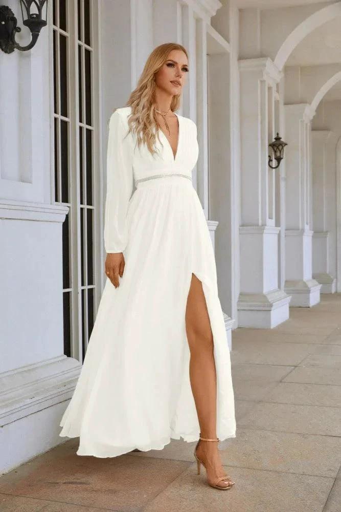Ladies V Neck Chiffon Long Sleeve Front Slit Bridesmaid Evening Dress Wedding Party Shopping Evening Dress 28109 by numbersea