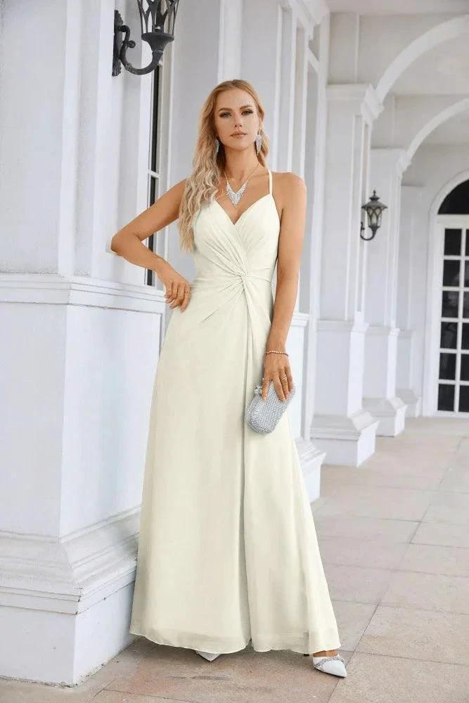 Ladies Chiffon Spaghetti Strap V Neck Front Slit Floor Length Bridesmaid Evening Dress Prom Party Wedding Evening Dress 28116 by numbersea