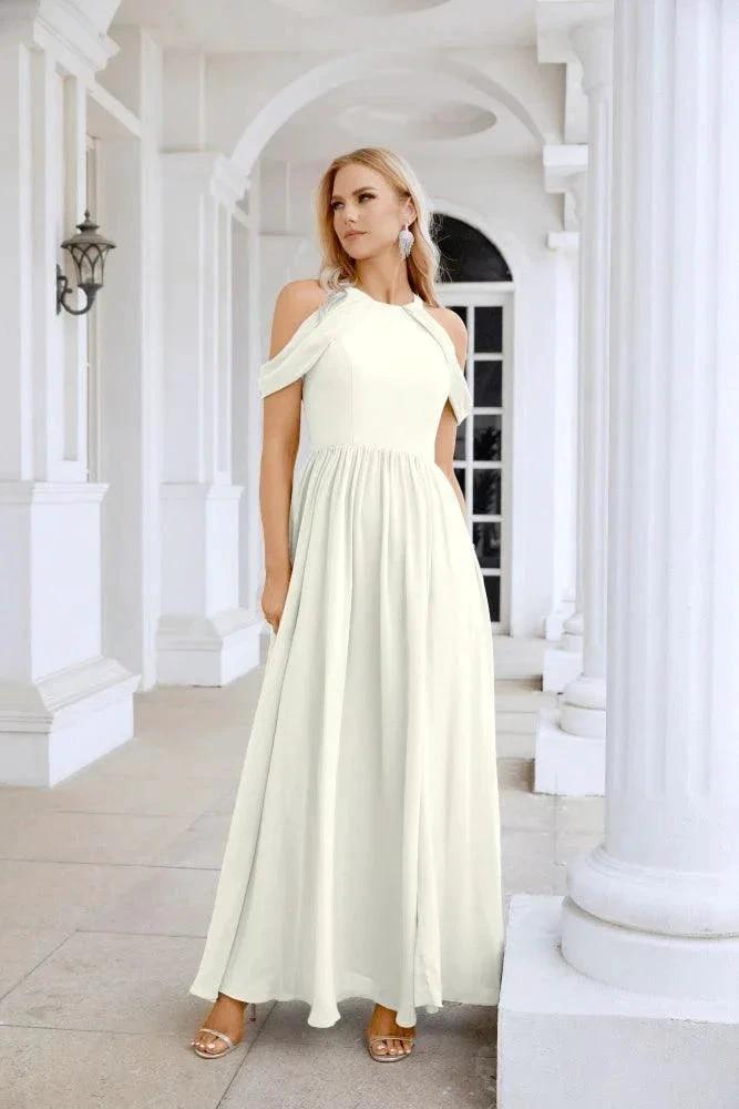Ladies Chiffon Off Shoulder Swing Sleeve Front Slit Bridesmaid Evening Dress Wedding Party Evening Dress 28117 by numbersea