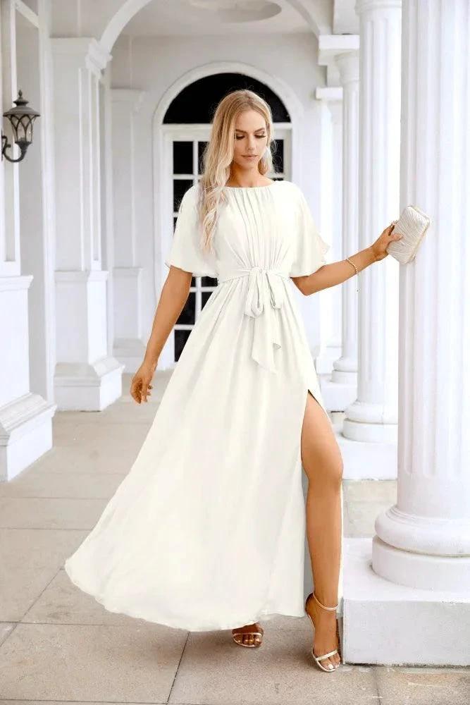 Ladies Chiffon Sleeve Crew Neck Front Slit Floor Length Bridesmaid Evening Dress Wedding Party Evening Dress 28124 by numbersea