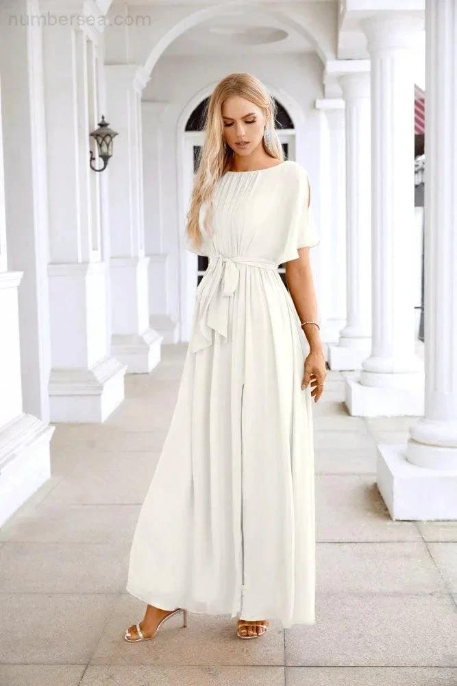 Ladies Chiffon Sleeve Crew Neck Front Slit Floor Length Bridesmaid Evening Dress Wedding Party Evening Dress 28124 (ZD17007)