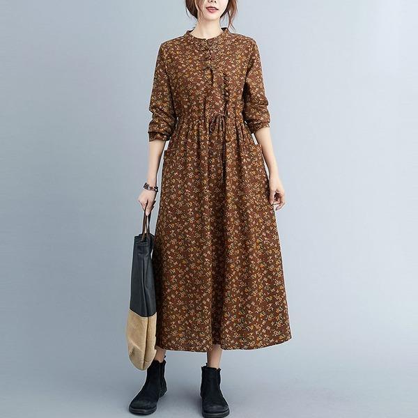 Women Cotton Linen Casual Long Dress Vintage Floral Print Loose Ladies Elegant A-line Dresses