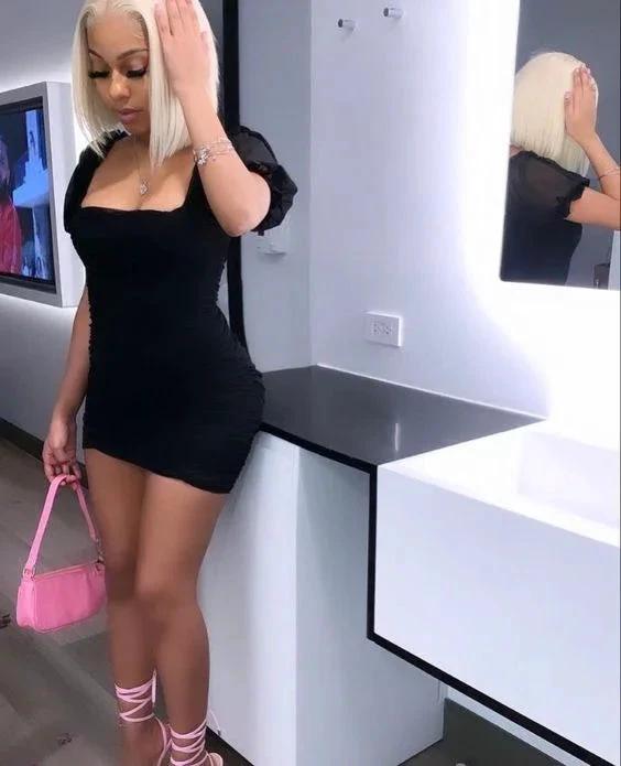 Chic Puff Sleeve Dress Black Short Tight Homecoming Dress Y368 by simplepromdress