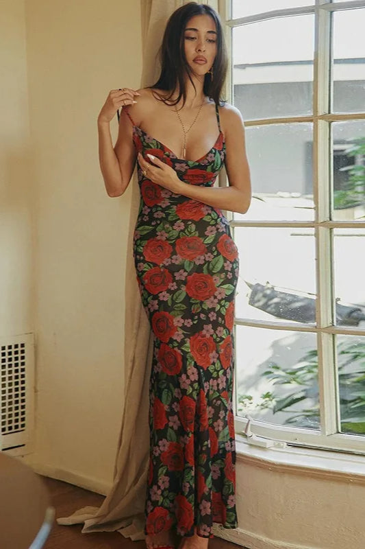 Floral Print Draped Sleeveless See Through Maxi Dress