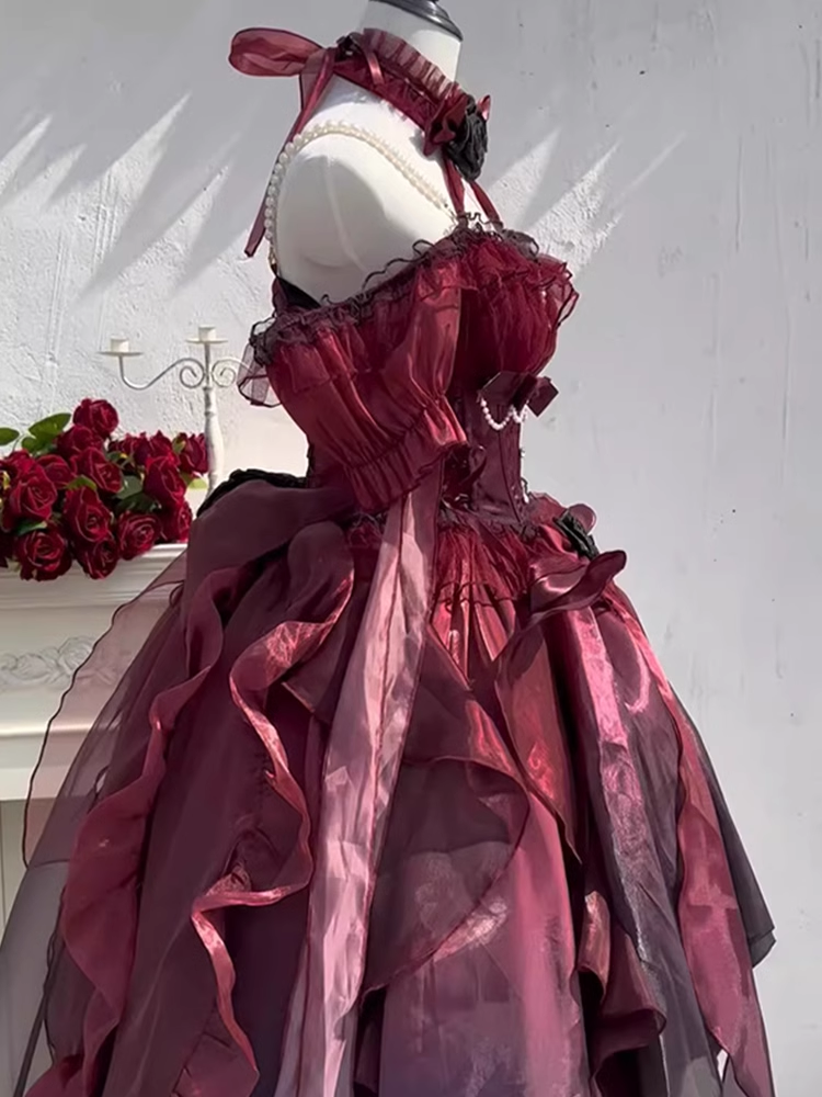 Chic High-Low Halter Burgundy Organza Party Birthday Dresses Birthday Outfits - View 3 | FashionDia