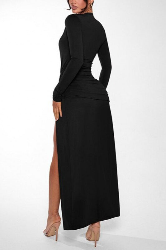 Deep V Neck Long Sleeve Slit Formal Dress