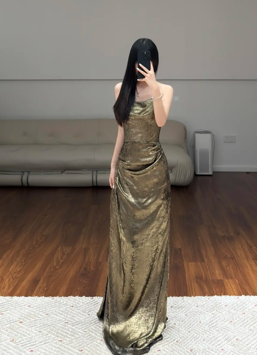 Gold Sheath Evening Dress Birthday Outfit Prom Party Dress