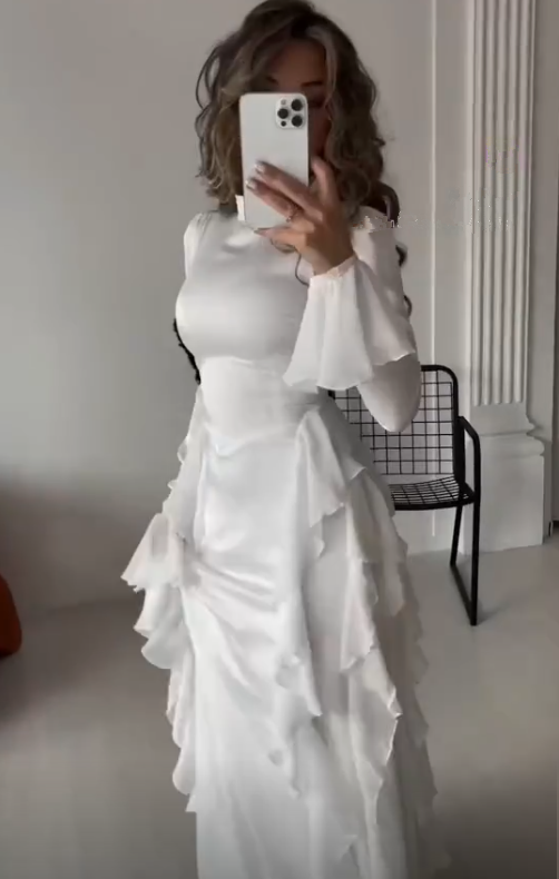 Flowing Long Sleeves A-Line Ruffled Evening Dress Elegant Party Dress - FashionDia