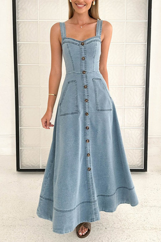 Strappy Backless Maxi Denim Dress - VelvetHem