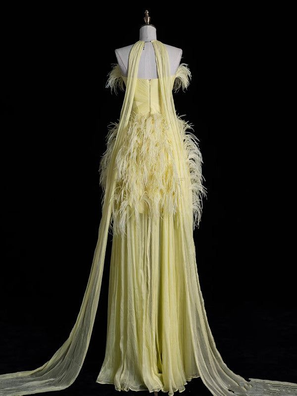 Luxury Yellow Off The Shoulder Evening Gown Chiffon Feathers Party Prom Dress With Beaded