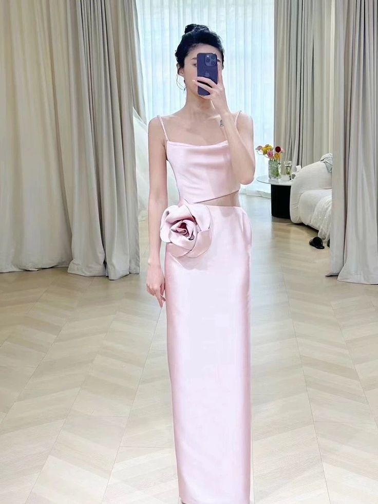 Elegant Pink Straps Sheath Prom Dress Evening Dress With Rose Flowers