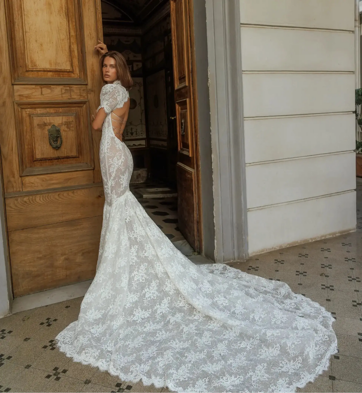 Vintage Ivory Lace High Neck Puff Sleeve Backless Mermaid Wedding Dress ZP124