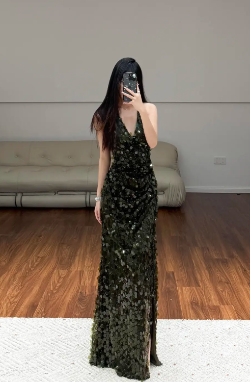 Halter Neck Sequin Evening Dress Birthday Outfit Prom Party Dress