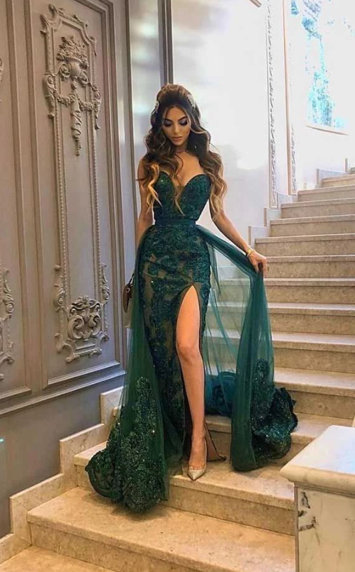 Vintage Green Tulle Appliques Mermaid Evening Dress Elegant Slit Party Prom Dress
