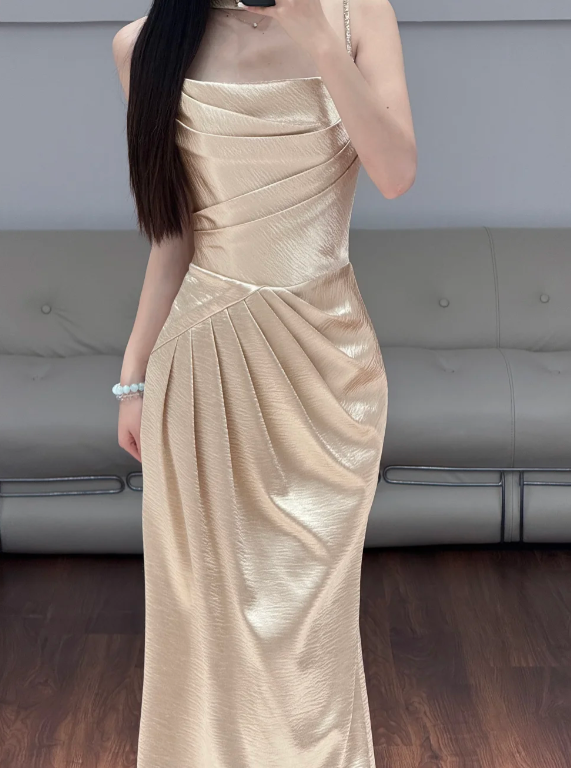 Champagne Satin Prom Party Dress Mermaid Evening Dress Graduation Dress - View 2 | FashionDia