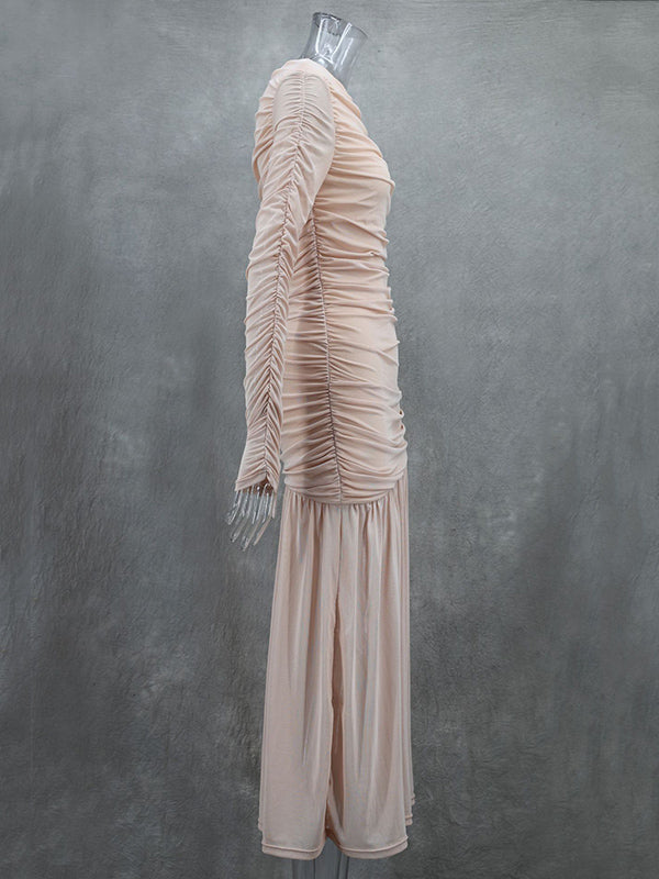 Long Sleeves Skinny Pleated See-Through Solid Color Split-Joint Round-Neck Evening Dresses Maxi Dresses - View 12 | VelvetHem