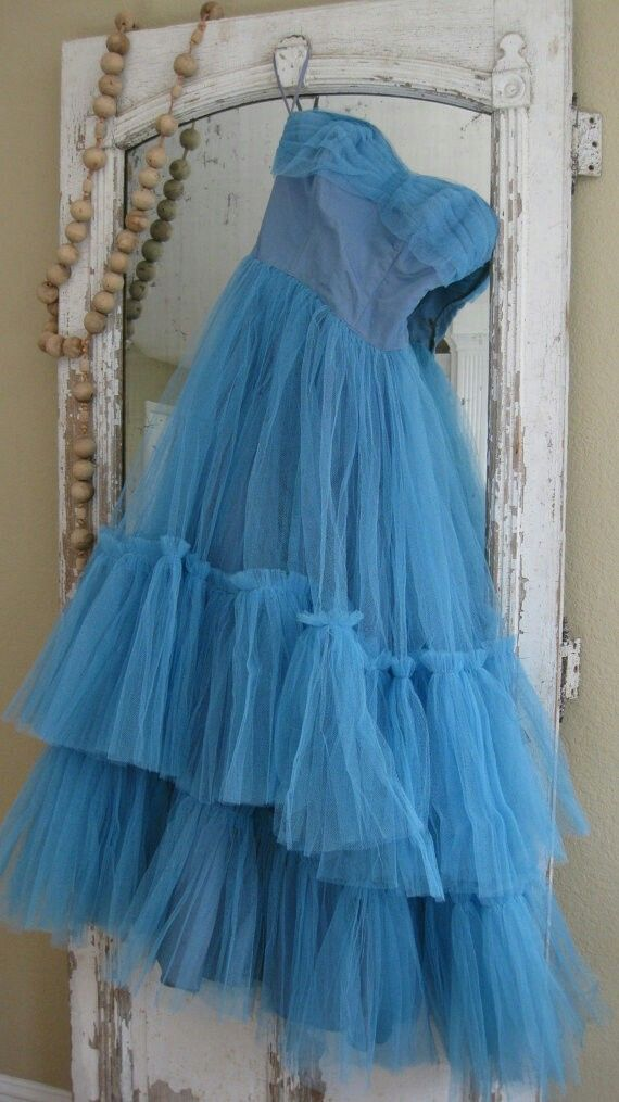 Strapless A Line Blue Tulle Long Prom Dress J8134