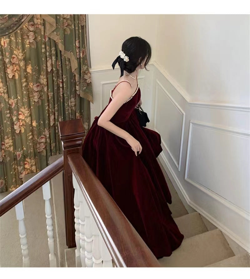 Spaghetti Straps Burgundy Velvet Prom Dress Simple Prom Dress Party Dress - View 7 | FashionDia