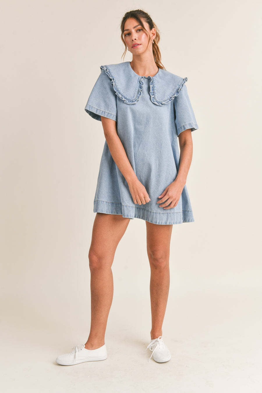 Ruffled Collar Denim Dress - View 7 | VelvetHem