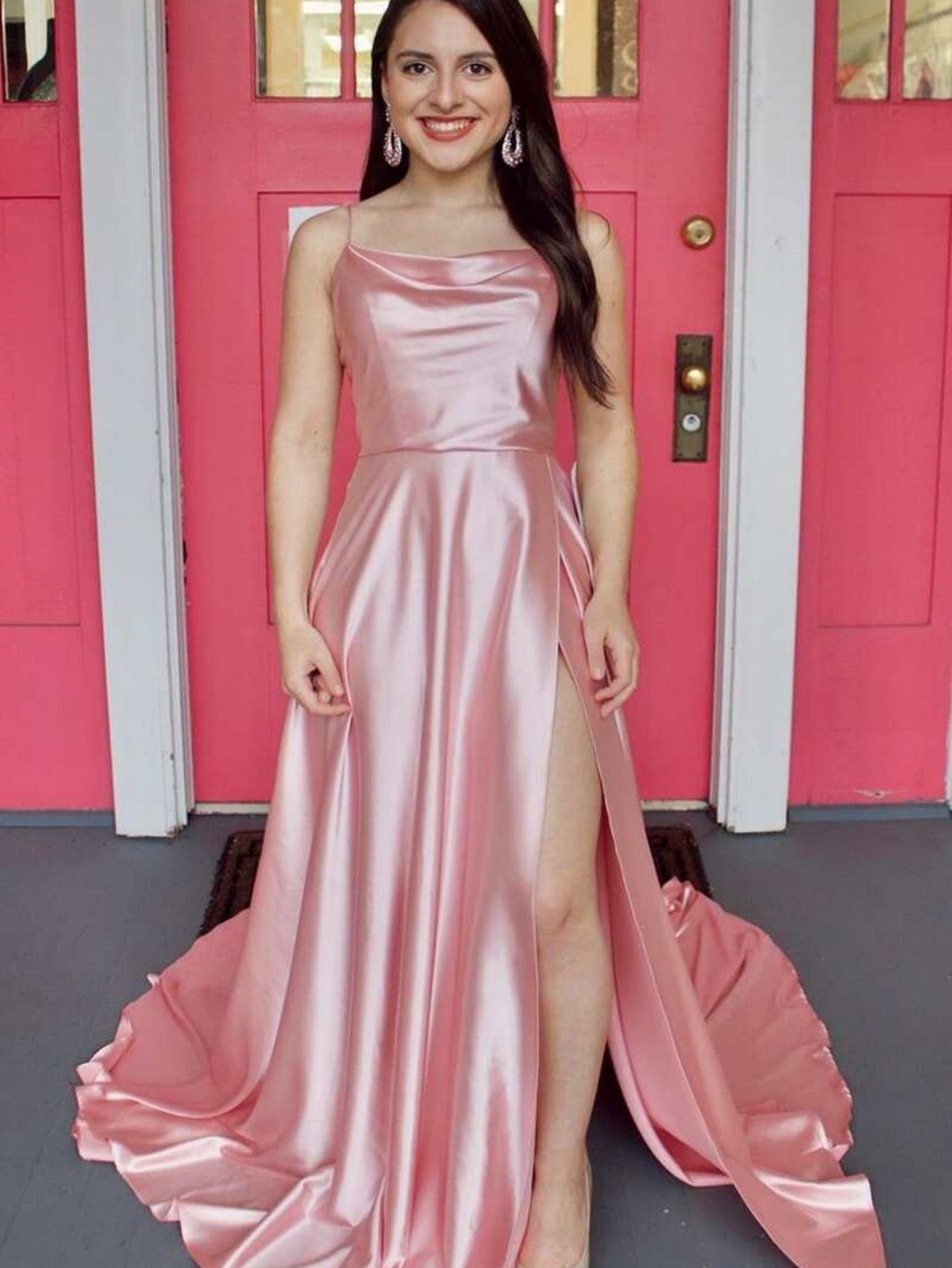 Orange Satin A Line Tight Long Prom Dress With Slit - Fashionpara