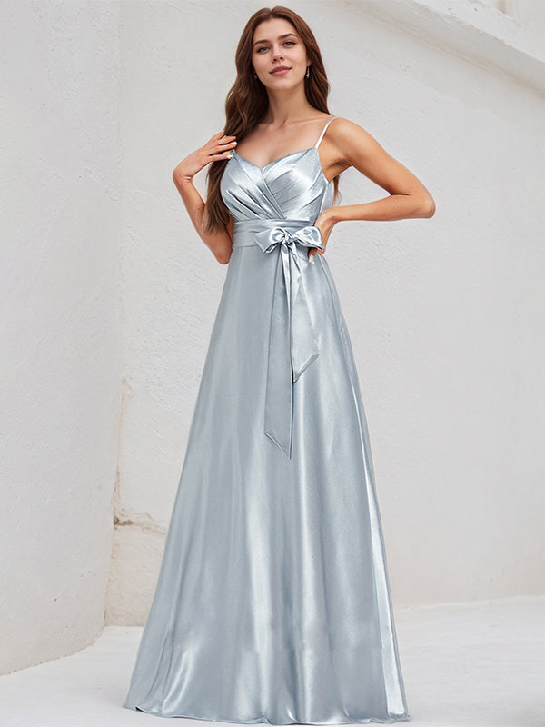 Ice Blue Satin A Line Spaghetti Straps Sleeveless Floor Length Bridesmaid Dress With Bow