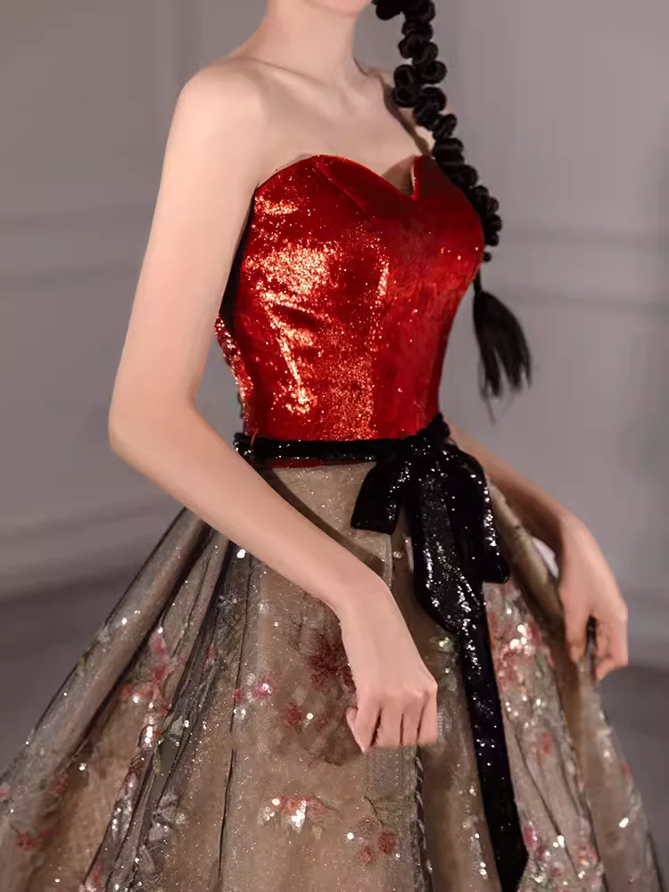 Ball Gown Strapless Burgundy Sequin Long Evening & Prom Dress - View 3 | FashionDia