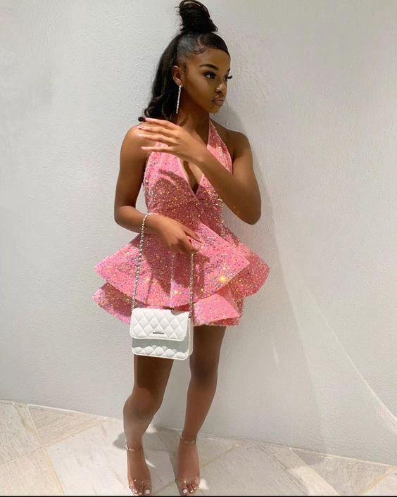 Shiny Black Girl Homecoming Dresses Short Pink 20th Birthday Dress Y404 by simplepromdress