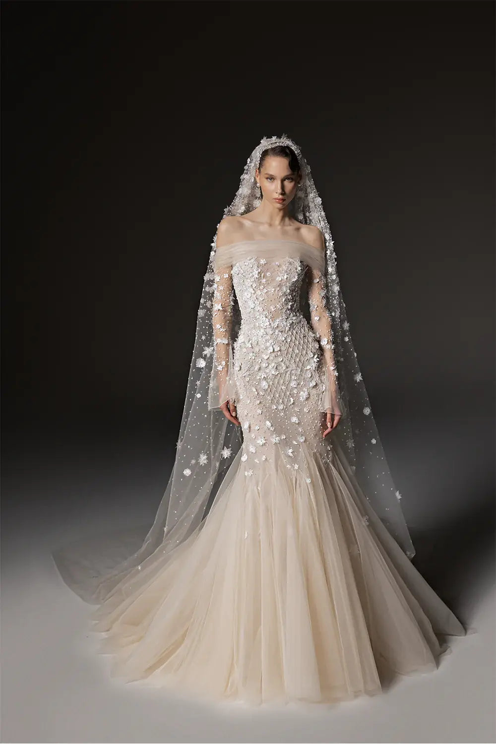 Glamorous Champagne Off-the-Shoulder Beaded Floral Mermaid Wedding Dress with Veil ZP078