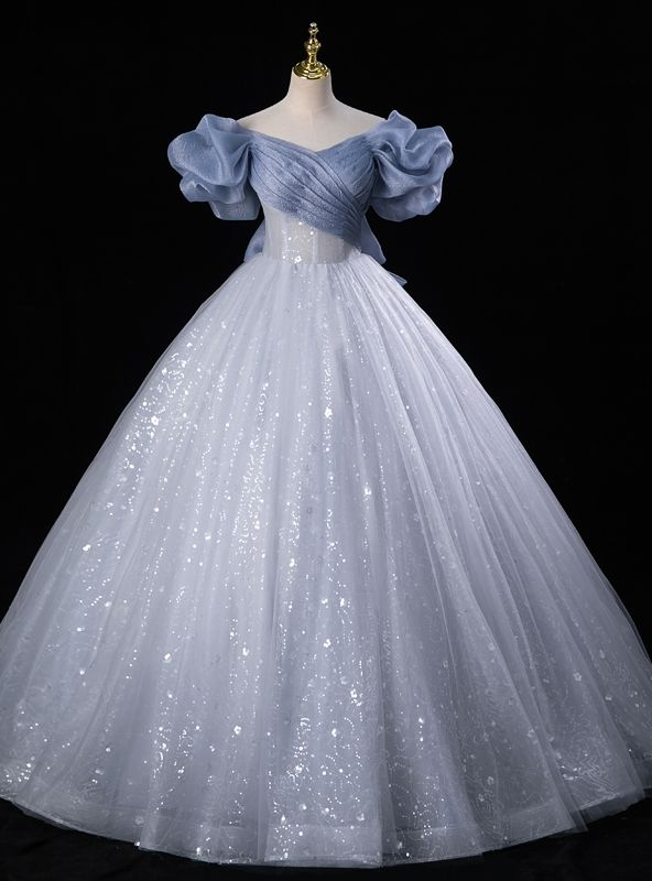 Fairy Blue Tulle Sequins Off-the-Shoulder Quinceanera Dress Cute Ball Gown With Bow - FashionDia