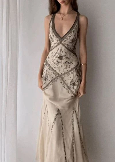 Luxury Champagne Mermaid Beaded Long Prom & Evening Dress - View 5 | FashionDia