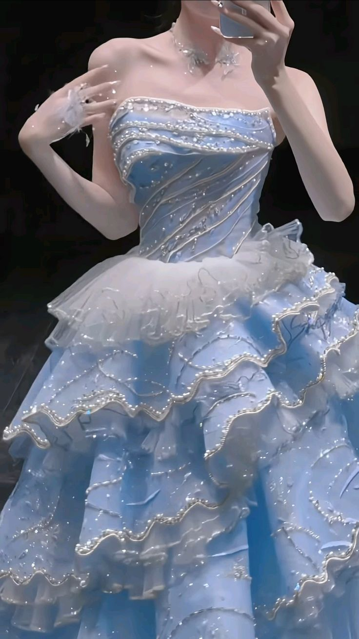 Charming Strapless Blue Tulle Beaded Layered Ball Gown Formal Birthday Party Dress