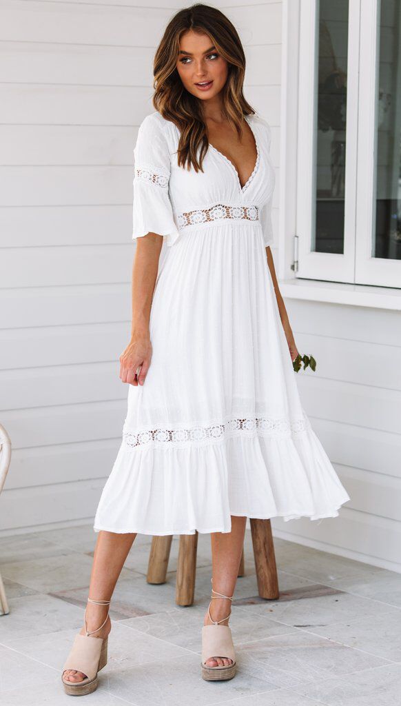 Jaylan Tiered Crochet Lace Midi Dress Off White FINAL