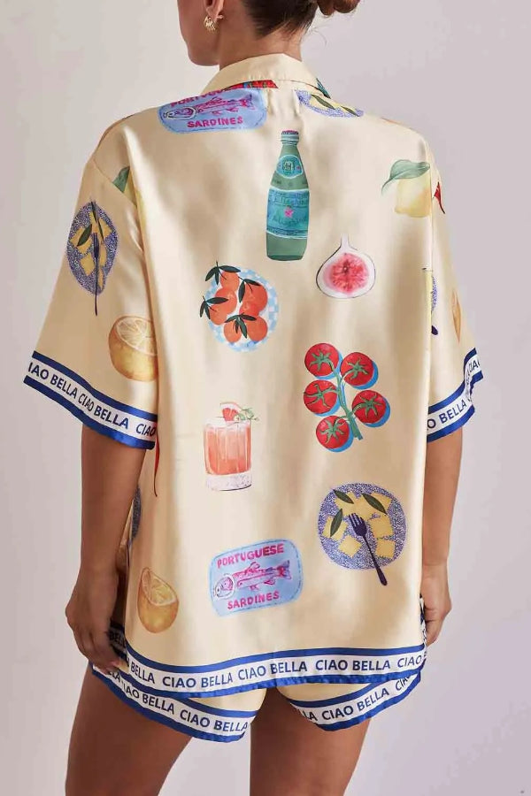Unique Print Casual Lapel Cardigan Shorts Set