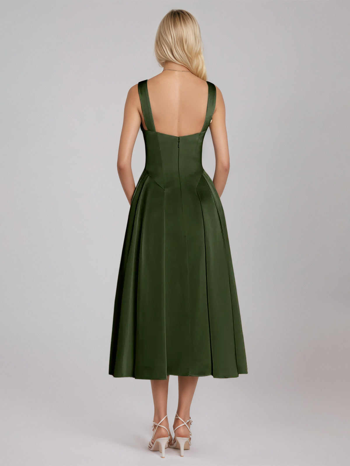 Olive Green A Line Satin Square Neck Sleeveless Tea Length Dress
