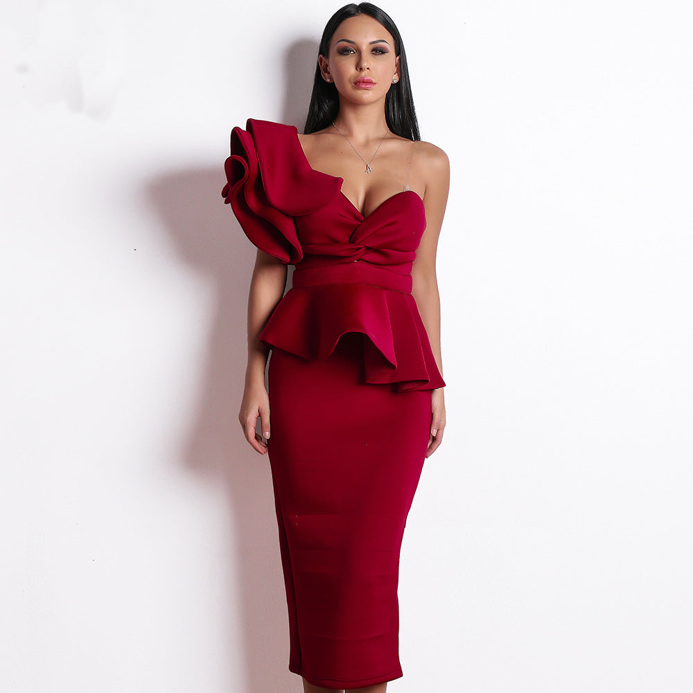 Party Formal Cocktail Evening off - Shoulder Ruffled Backless Dinner Dress