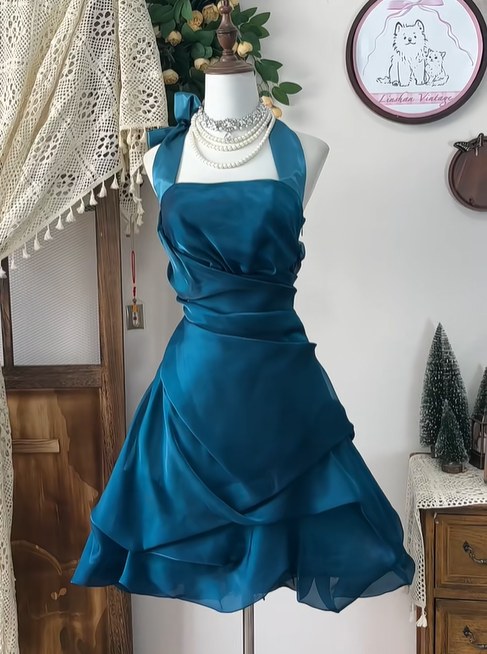 Unique Peacock Blue Halter Pleated A Line Homecoming Dress Mini Cocktail Dress