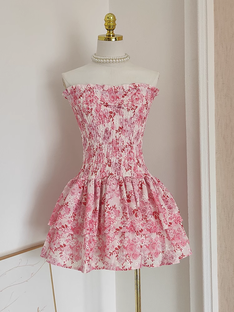 Cute A line Strapless Sleeveless Pink Floral Party Dress Short Birthday Outfits
