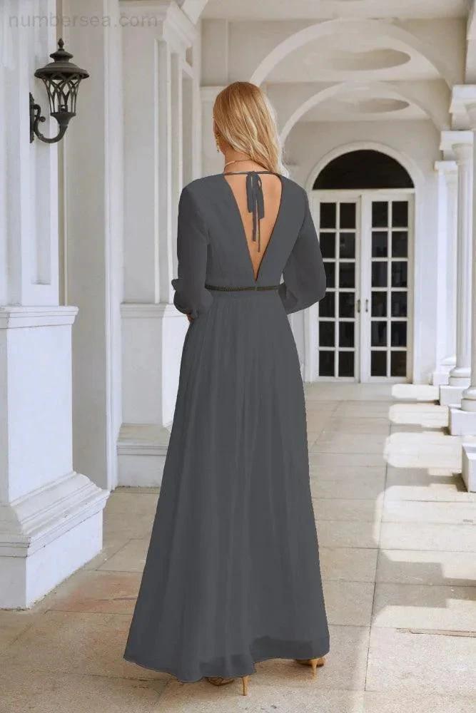 Ladies V Neck Chiffon Long Sleeve Front Slit Bridesmaid Evening Dress Wedding Party Shopping Evening Dress 28109 (ZD16991)