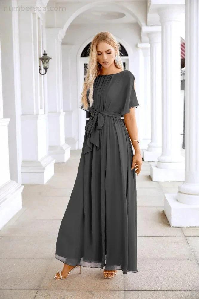 Ladies Chiffon Sleeve Crew Neck Front Slit Floor Length Bridesmaid Evening Dress Wedding Party Evening Dress 28124 (ZD17007)