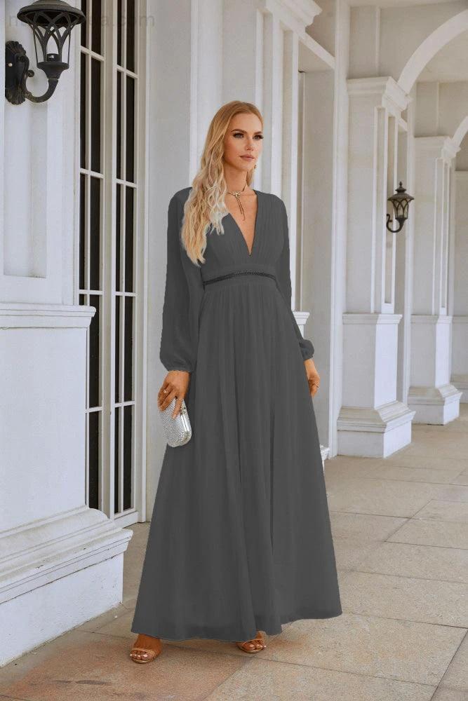 Ladies V Neck Chiffon Long Sleeve Front Slit Bridesmaid Evening Dress Wedding Party Shopping Evening Dress 28109 (ZD16991)