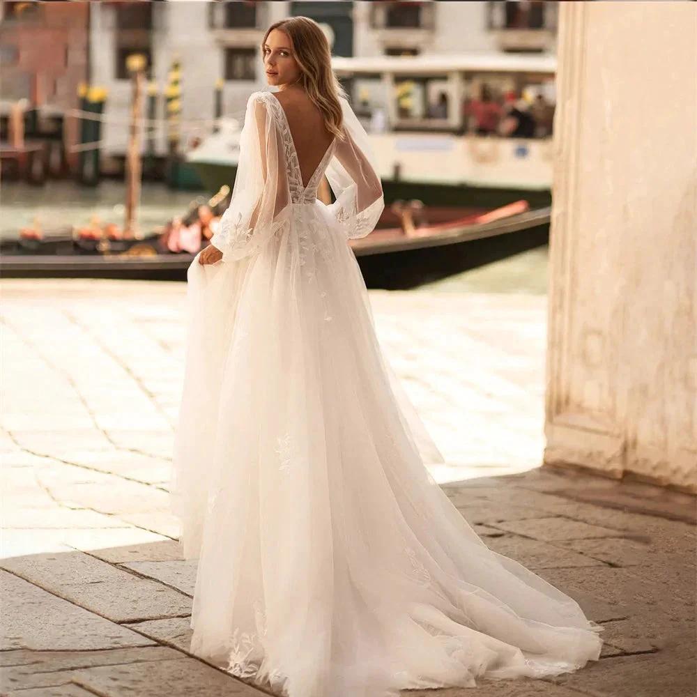 Sexy V Neck Lace Wedding Dresses 2024 Simple Long Puff Sleeves Bride Gowns Appliques Backless Custom Made (ZD13509)