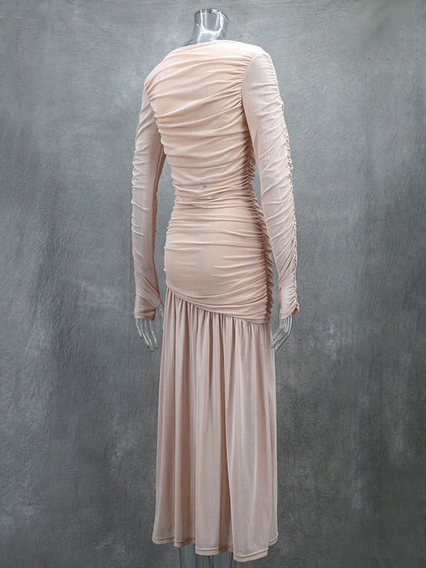 Long Sleeves Skinny Pleated See-Through Solid Color Split-Joint Round-Neck Evening Dresses Maxi Dresses - View 2 | VelvetHem