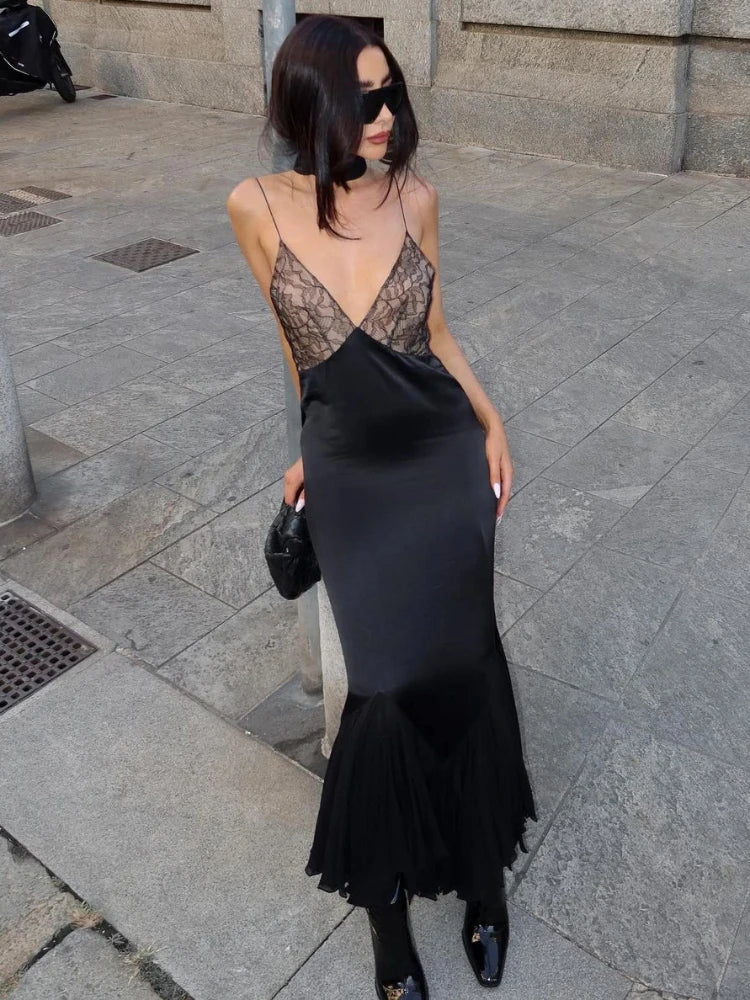 TARUXY Lace Splice Maxi Dresses For Women Sexy Deep V Neck Mesh Slim Dress Woman Temperament Clubwear Party Evening Dress Femme - View 3 | VelvetHem