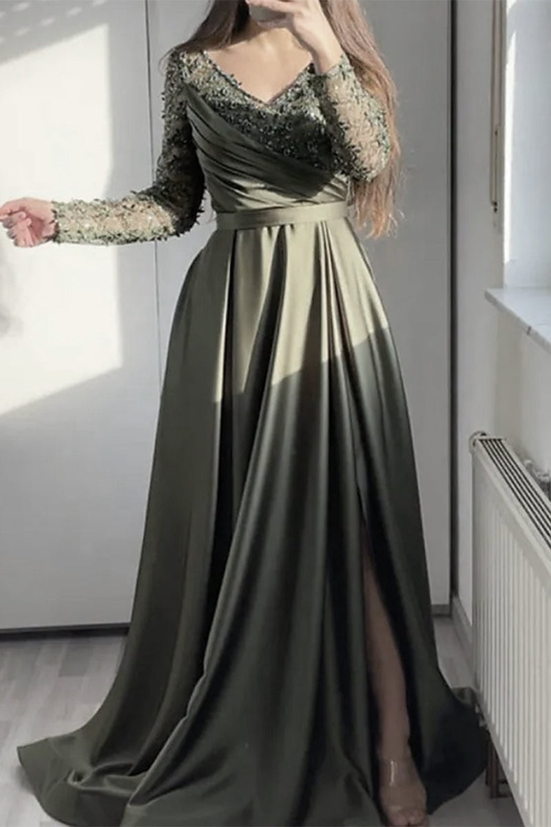 Elegant Formal Solid Lace Flounce Slit V Neck Evening Dresses - VelvetHem