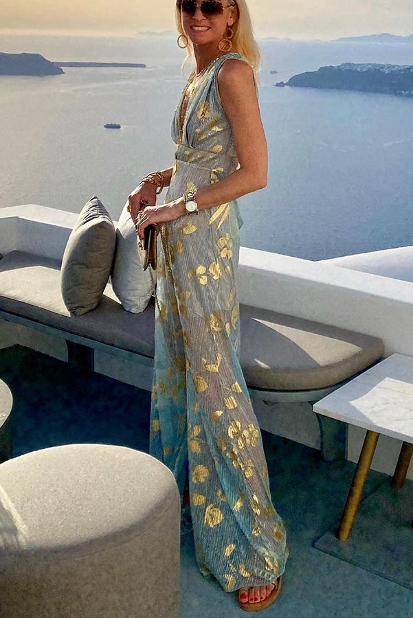 Jovita Aesthetic Long Dress with V Neck and Gold Sequins Chic Silhouette Collection