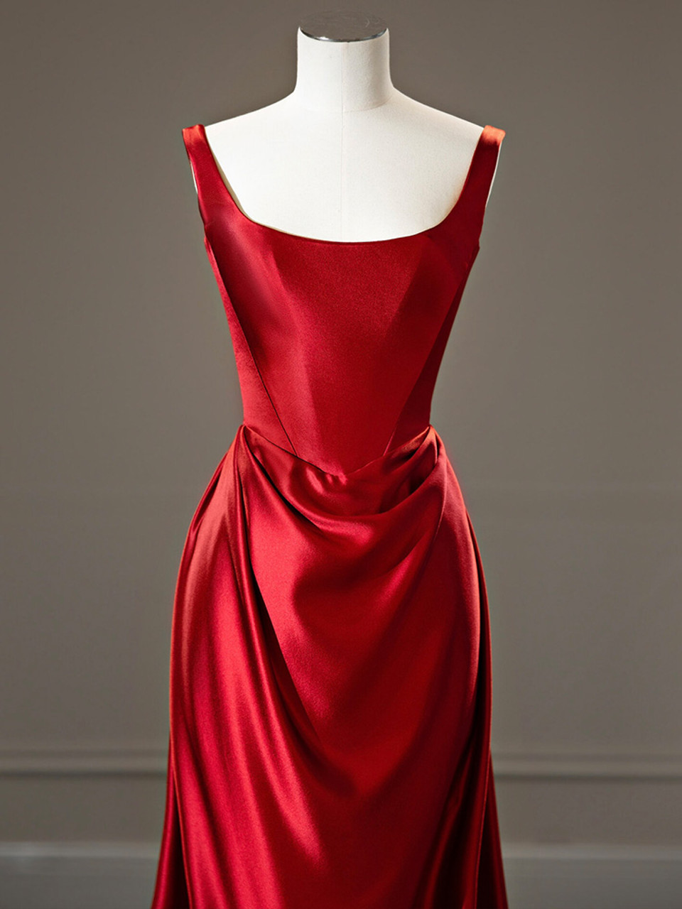 Elegant Red Satin Straps Pleats Prom Dress Long A-Line Party Evening Dress - View 3 | FashionDia