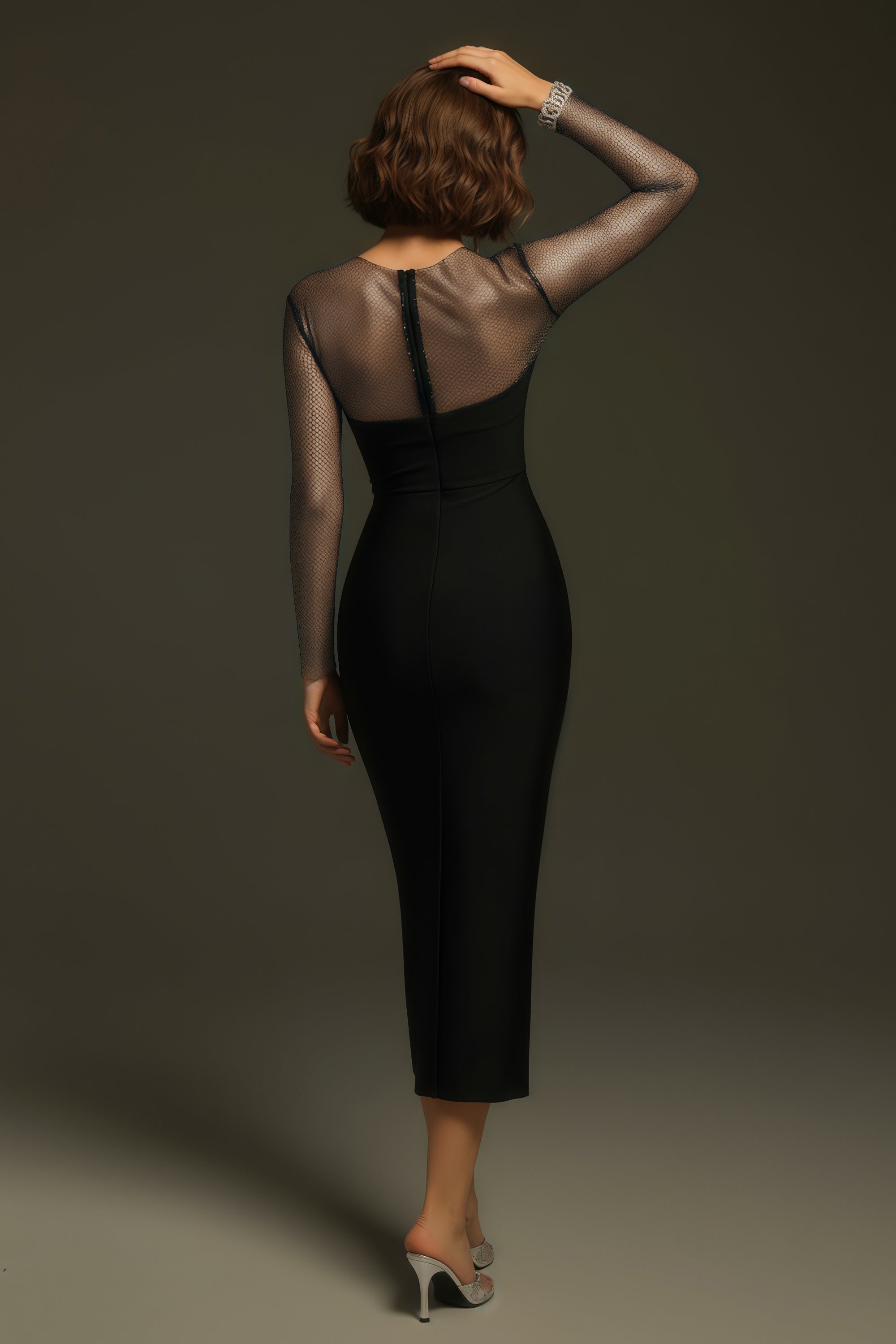Illusion Mesh Long Sleeve Bodycon Column Midi Dress