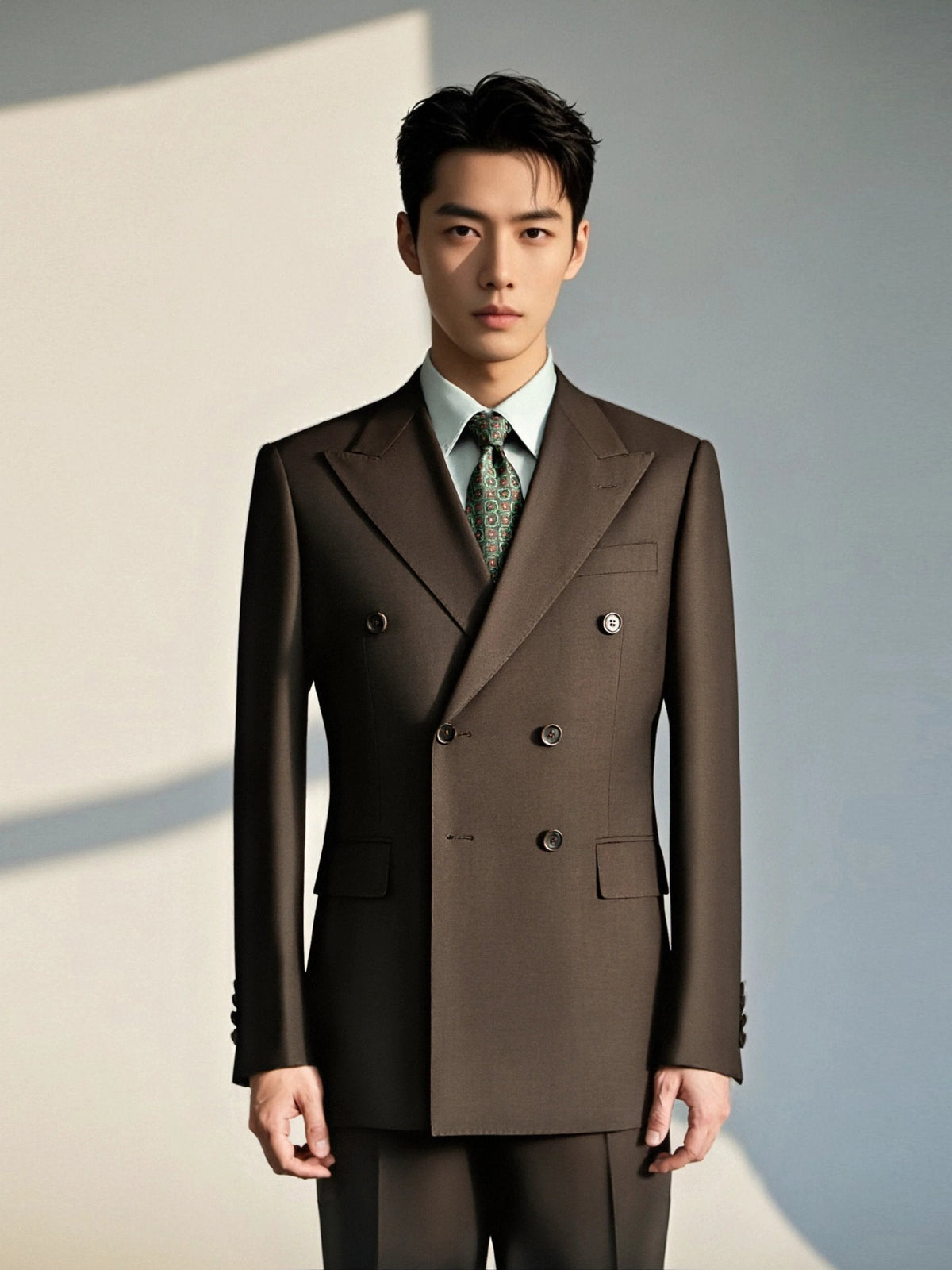 Double Breasted Dark Brown Wool Suit Tailored Formal Groom and Business (ZD17090)